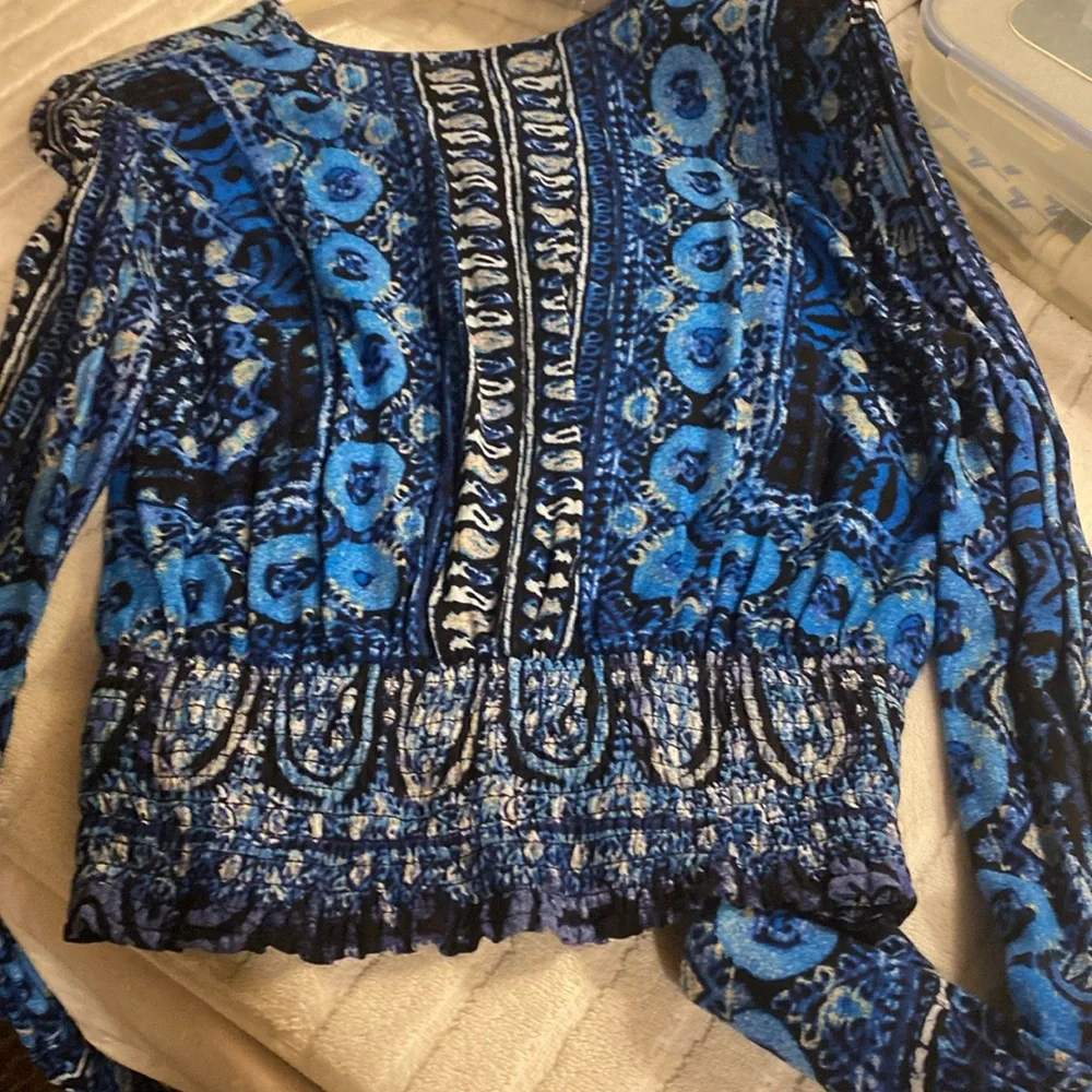 Free People Navy and Sky Blue Patterned Blouse - Picture 8 of 8